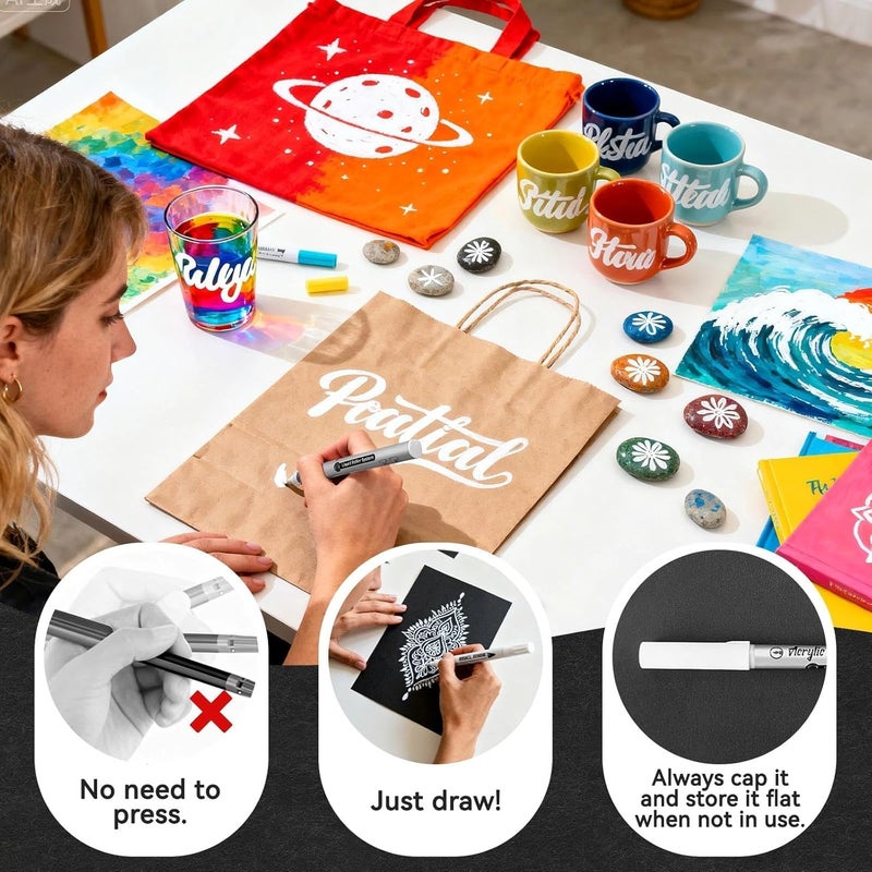 QFOUR White Paint Pen, 6 Pack White Markers with Automatic Ink System, Brush Tip Paint Pens for Rock Painting, Wood, Plastic, Ceramic and Frabic - Image 4